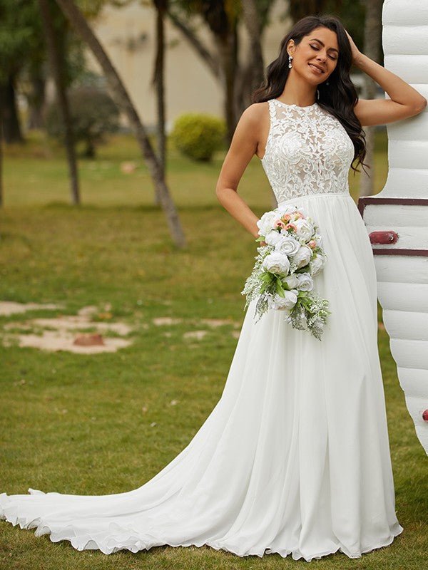 NumberSea - A - Line/Princess Chiffon Lace Scoop Sleeveless Sweep/Brush Train Wedding Dresses