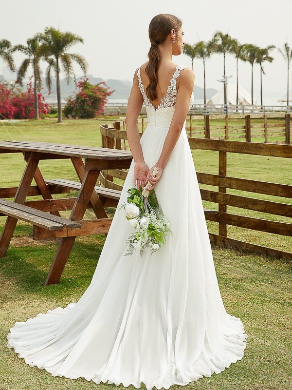 NumberSea - A - Line/Princess Chiffon Lace Scoop Sleeveless Sweep/Brush Train Wedding Dresses