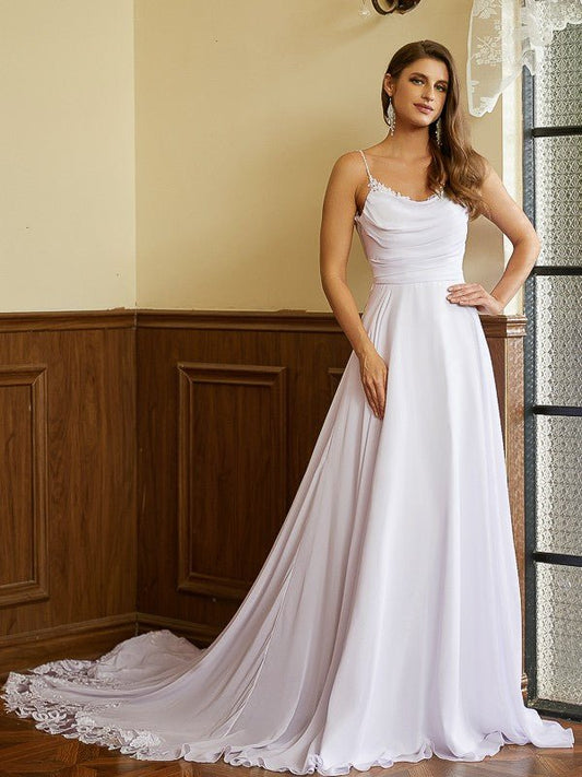 NumberSea - A - Line/Princess Chiffon Lace Spaghetti Straps Sleeveless Chapel Train Wedding Dresses