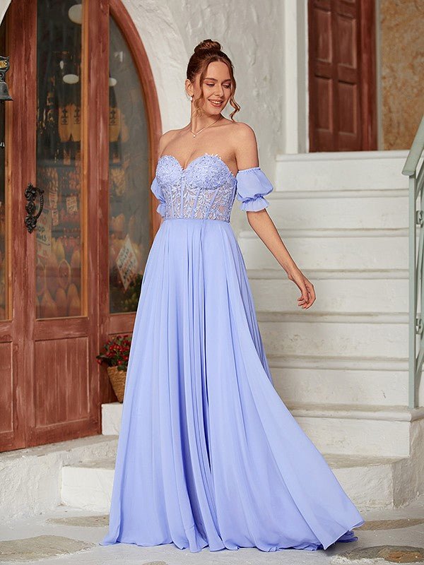 NumberSea - A - Line/Princess Chiffon Lace Sweetheart Short Sleeves Floor - Length Dresses