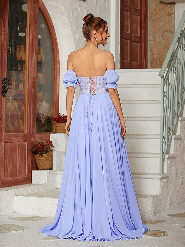 NumberSea - A - Line/Princess Chiffon Lace Sweetheart Short Sleeves Floor - Length Dresses