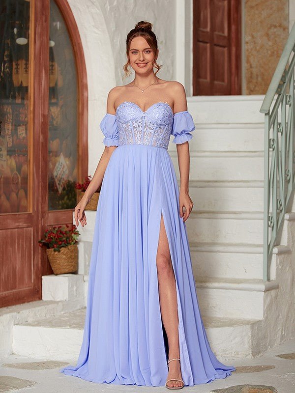 NumberSea - A - Line/Princess Chiffon Lace Sweetheart Short Sleeves Floor - Length Dresses