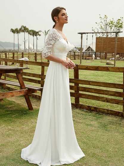 NumberSea - A - Line/Princess Chiffon Lace V - neck 1/2 Sleeves Floor - Length Wedding Dresses