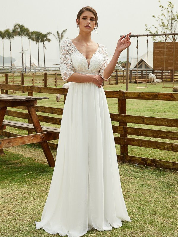 NumberSea - A - Line/Princess Chiffon Lace V - neck 1/2 Sleeves Floor - Length Wedding Dresses