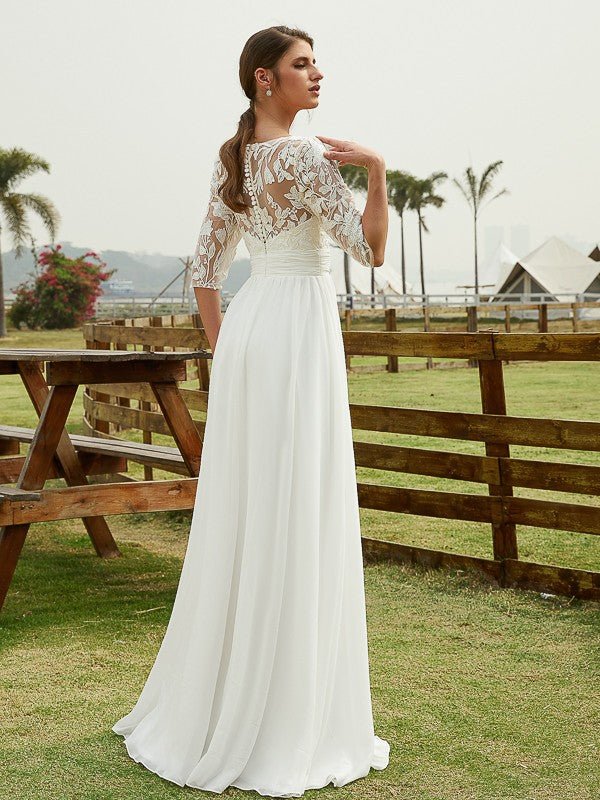 NumberSea - A - Line/Princess Chiffon Lace V - neck 1/2 Sleeves Floor - Length Wedding Dresses