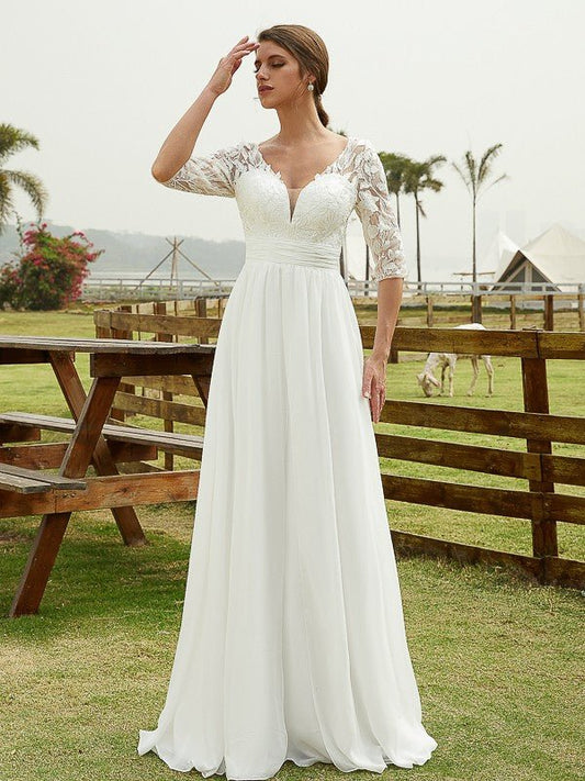 NumberSea - A - Line/Princess Chiffon Lace V - neck 1/2 Sleeves Floor - Length Wedding Dresses