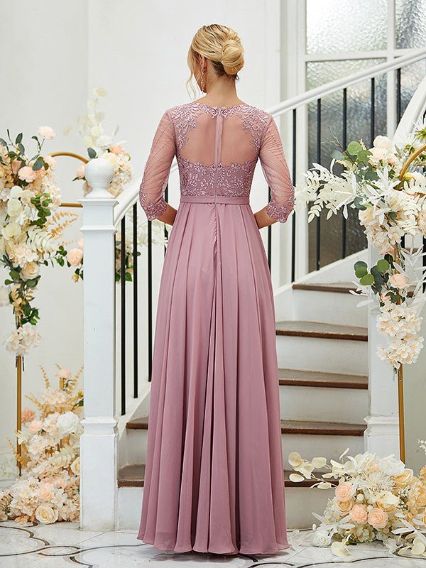 NumberSea - A - Line/Princess Chiffon Lace V - neck 3/4 Sleeves Floor - Length Bridesmaid Dresses