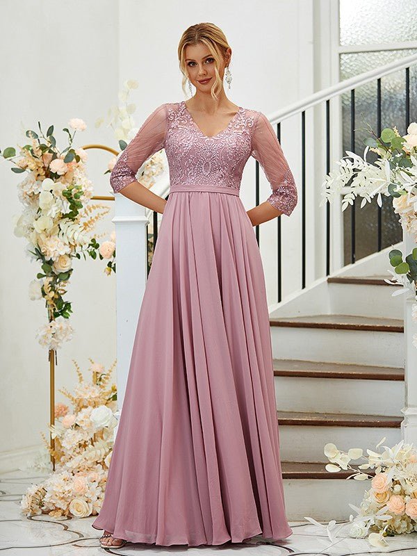 NumberSea - A - Line/Princess Chiffon Lace V - neck 3/4 Sleeves Floor - Length Bridesmaid Dresses