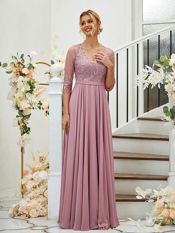 NumberSea - A - Line/Princess Chiffon Lace V - neck 3/4 Sleeves Floor - Length Bridesmaid Dresses