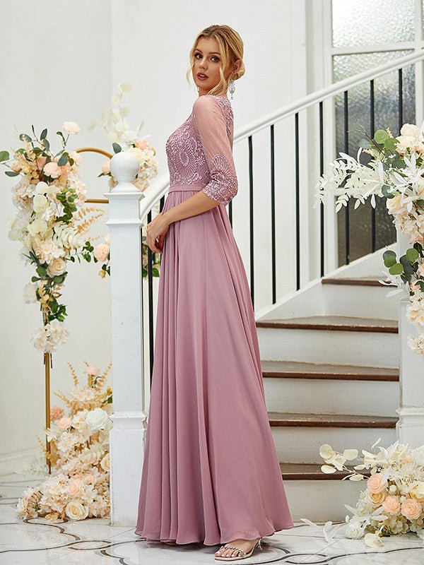 NumberSea - A - Line/Princess Chiffon Lace V - neck 3/4 Sleeves Floor - Length Bridesmaid Dresses