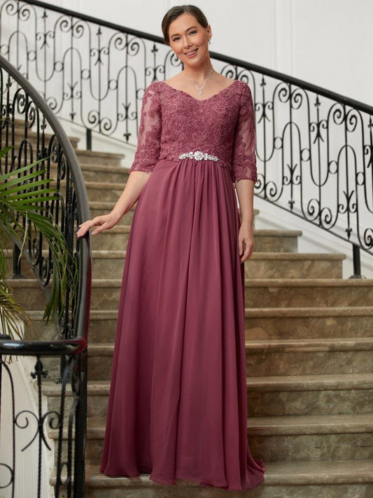 NumberSea - A - Line/Princess Chiffon Lace V - neck 3/4 Sleeves Floor - Length Mother of the Bride Dresses