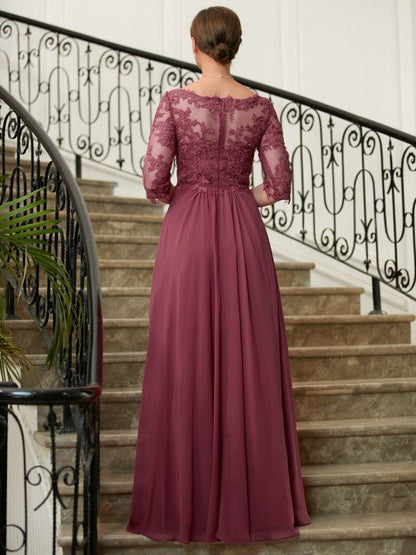 NumberSea - A - Line/Princess Chiffon Lace V - neck 3/4 Sleeves Floor - Length Mother of the Bride Dresses