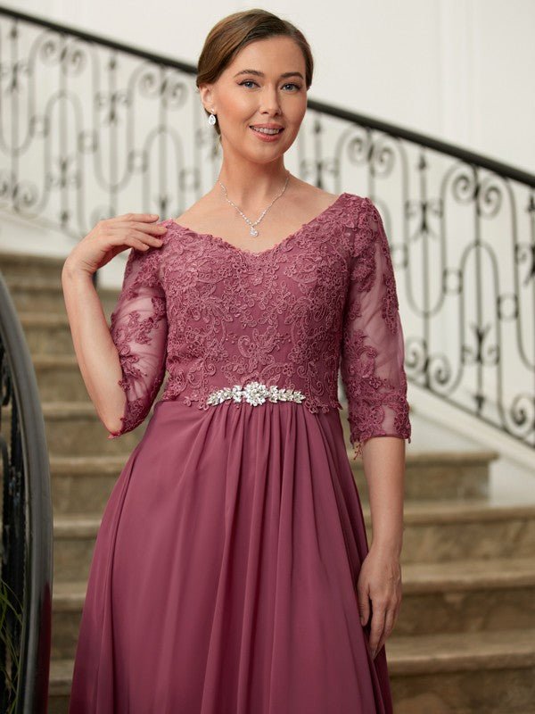 NumberSea - A - Line/Princess Chiffon Lace V - neck 3/4 Sleeves Floor - Length Mother of the Bride Dresses