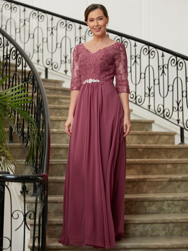 NumberSea - A - Line/Princess Chiffon Lace V - neck 3/4 Sleeves Floor - Length Mother of the Bride Dresses