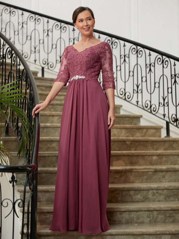 NumberSea - A - Line/Princess Chiffon Lace V - neck 3/4 Sleeves Floor - Length Mother of the Bride Dresses