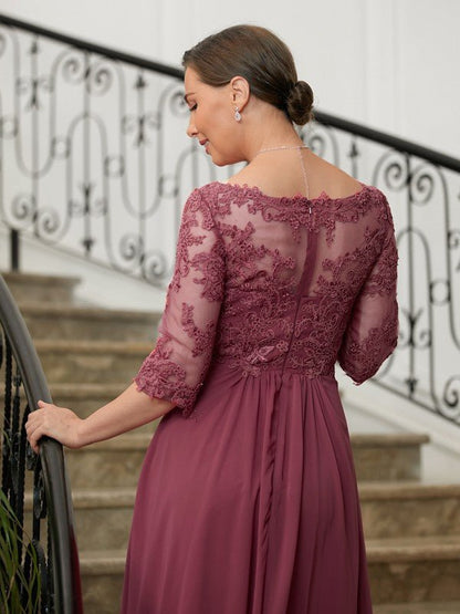 NumberSea - A - Line/Princess Chiffon Lace V - neck 3/4 Sleeves Floor - Length Mother of the Bride Dresses