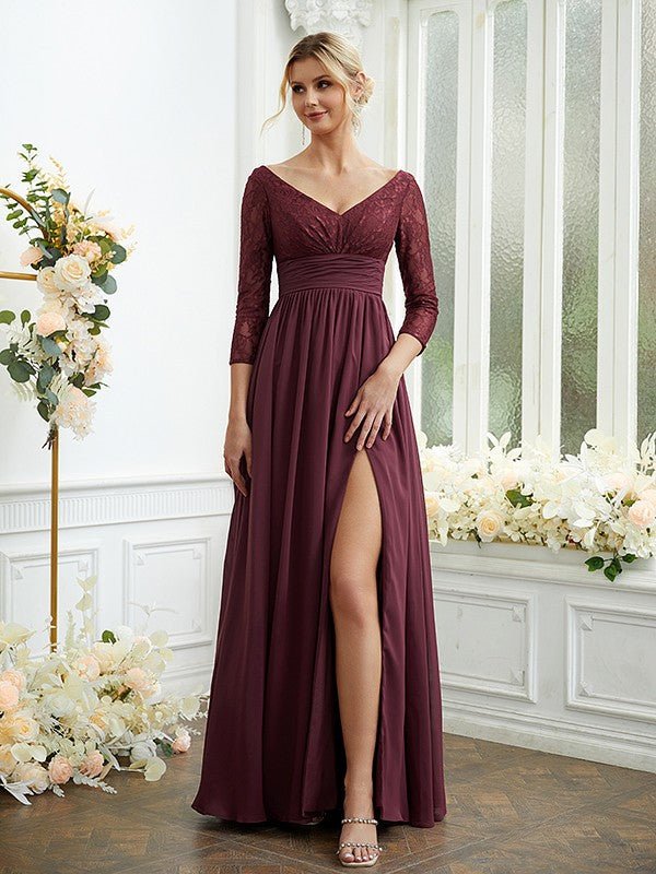 NumberSea - A - Line/Princess Chiffon Lace V - neck Long Sleeves Floor - Length Bridesmaid Dresses