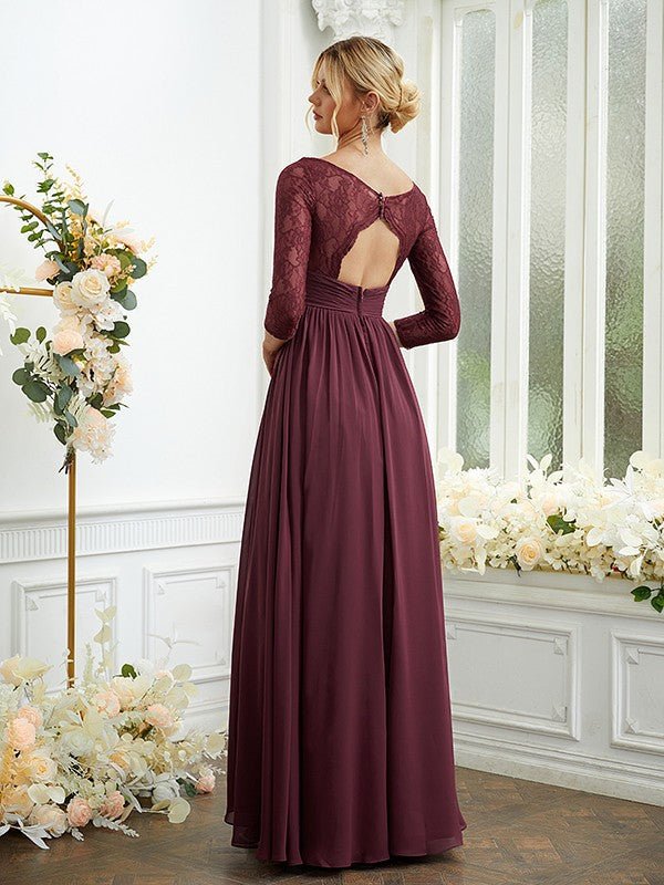 NumberSea - A - Line/Princess Chiffon Lace V - neck Long Sleeves Floor - Length Bridesmaid Dresses