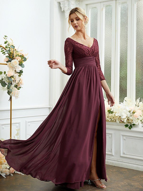 NumberSea - A - Line/Princess Chiffon Lace V - neck Long Sleeves Floor - Length Bridesmaid Dresses