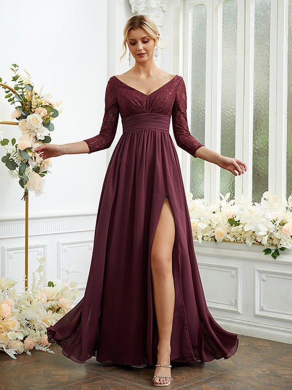 NumberSea - A - Line/Princess Chiffon Lace V - neck Long Sleeves Floor - Length Bridesmaid Dresses