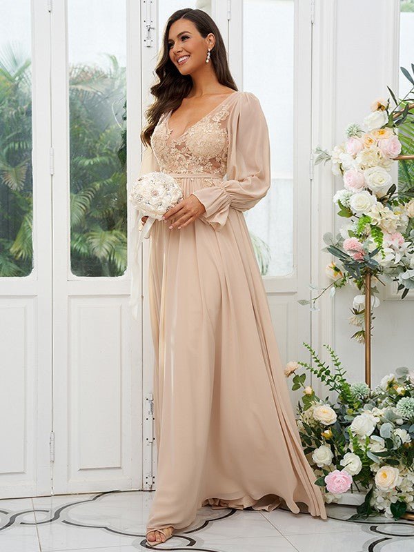 NumberSea - A - Line/Princess Chiffon Lace V - neck Long Sleeves Sweep/Brush Train Bridesmaid Dresses