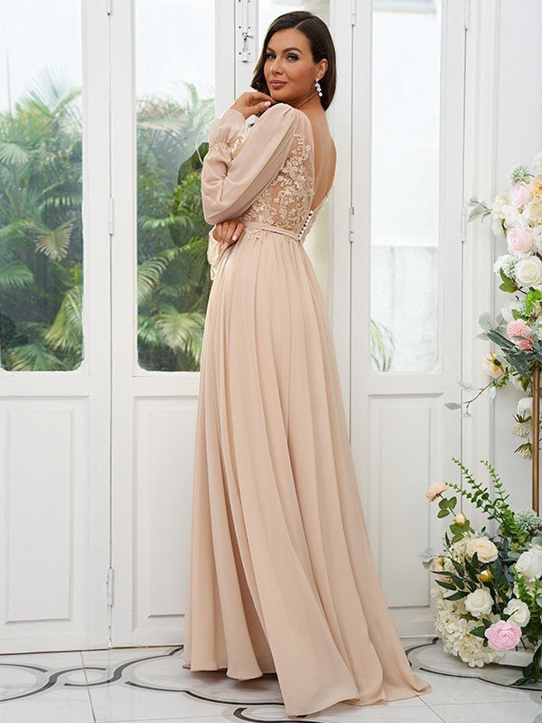 NumberSea - A - Line/Princess Chiffon Lace V - neck Long Sleeves Sweep/Brush Train Bridesmaid Dresses