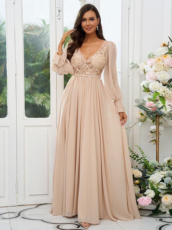 NumberSea - A - Line/Princess Chiffon Lace V - neck Long Sleeves Sweep/Brush Train Bridesmaid Dresses