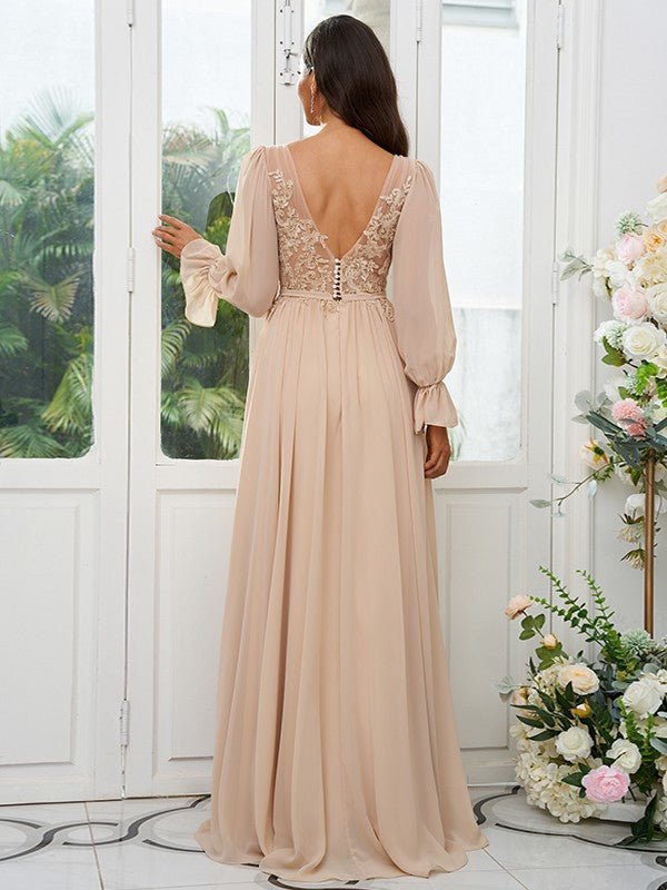 NumberSea - A - Line/Princess Chiffon Lace V - neck Long Sleeves Sweep/Brush Train Bridesmaid Dresses