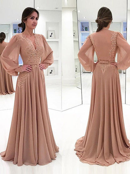 NumberSea - A - Line/Princess Chiffon Lace V - neck Long Sleeves Sweep/Brush Train Mother of the Bride Dresses