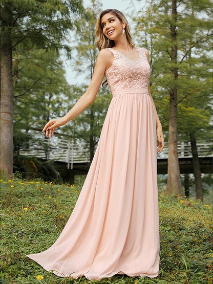 NumberSea - A - Line/Princess Chiffon Lace V - neck Sleeveless Floor - Length Bridesmaid Dresses