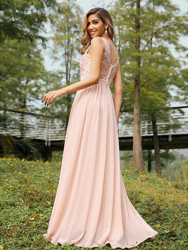 NumberSea - A - Line/Princess Chiffon Lace V - neck Sleeveless Floor - Length Bridesmaid Dresses