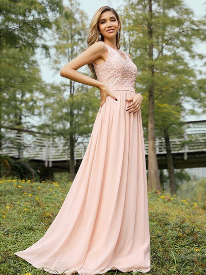 NumberSea - A - Line/Princess Chiffon Lace V - neck Sleeveless Floor - Length Bridesmaid Dresses