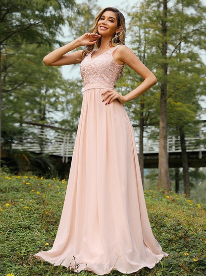 NumberSea - A - Line/Princess Chiffon Lace V - neck Sleeveless Floor - Length Bridesmaid Dresses