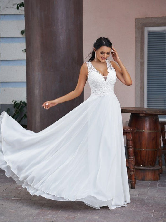 NumberSea - A - Line/Princess Chiffon Lace V - neck Sleeveless Floor - Length Wedding Dresses