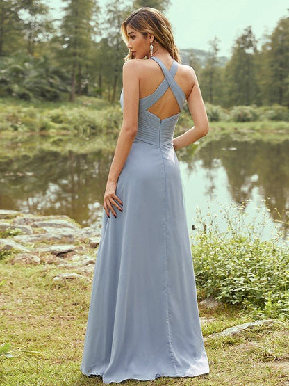 NumberSea - A - Line/Princess Chiffon Ruched Halter Sleeveless Sweep/Brush Train Bridesmaid Dresses