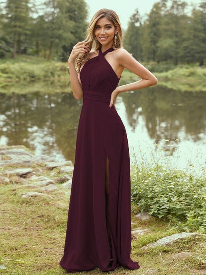 NumberSea - A - Line/Princess Chiffon Ruched Halter Sleeveless Sweep/Brush Train Bridesmaid Dresses