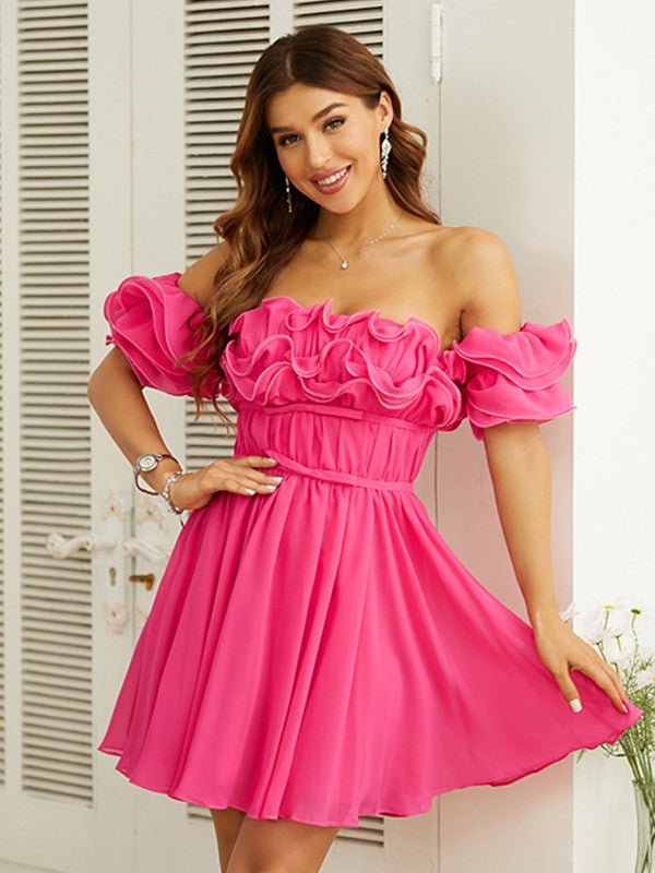 NumberSea - A - Line/Princess Chiffon Ruched Off - the - Shoulder Short Sleeves Short/Mini Dresses