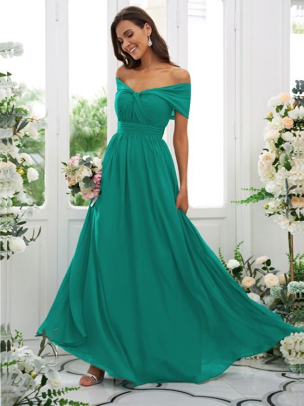 NumberSea - A - Line/Princess Chiffon Ruched Off - the - Shoulder Sleeveless Floor - Length Bridesmaid Dresses