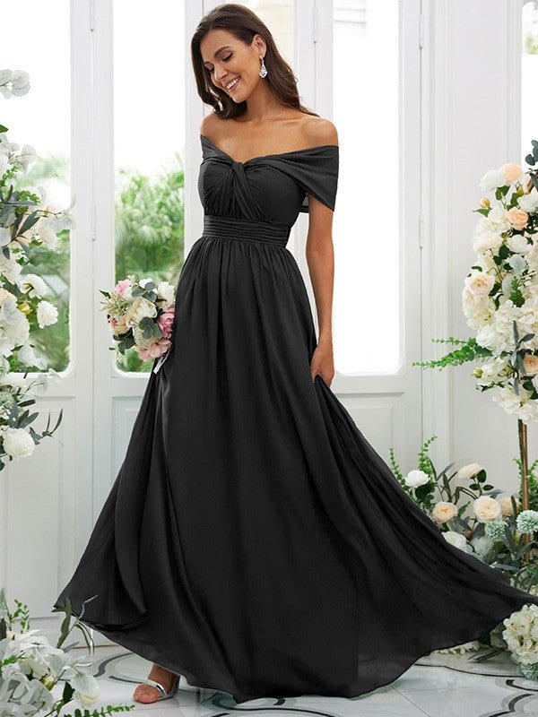 NumberSea - A - Line/Princess Chiffon Ruched Off - the - Shoulder Sleeveless Floor - Length Bridesmaid Dresses