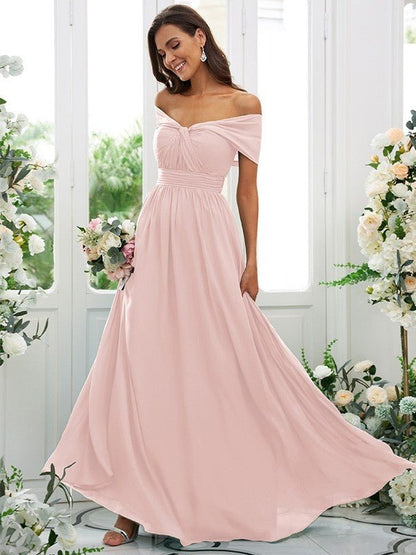 NumberSea - A - Line/Princess Chiffon Ruched Off - the - Shoulder Sleeveless Floor - Length Bridesmaid Dresses