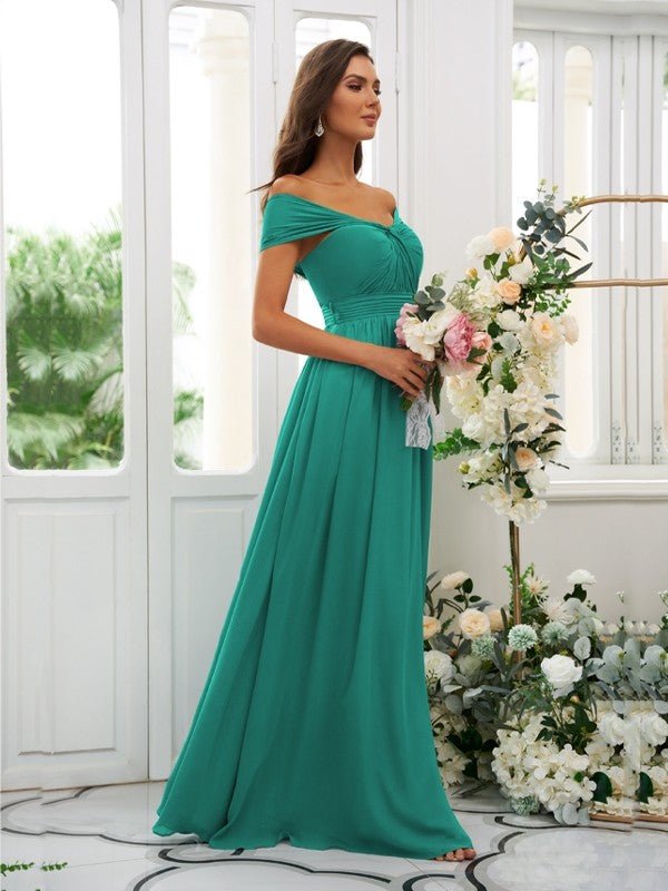 NumberSea - A - Line/Princess Chiffon Ruched Off - the - Shoulder Sleeveless Floor - Length Bridesmaid Dresses