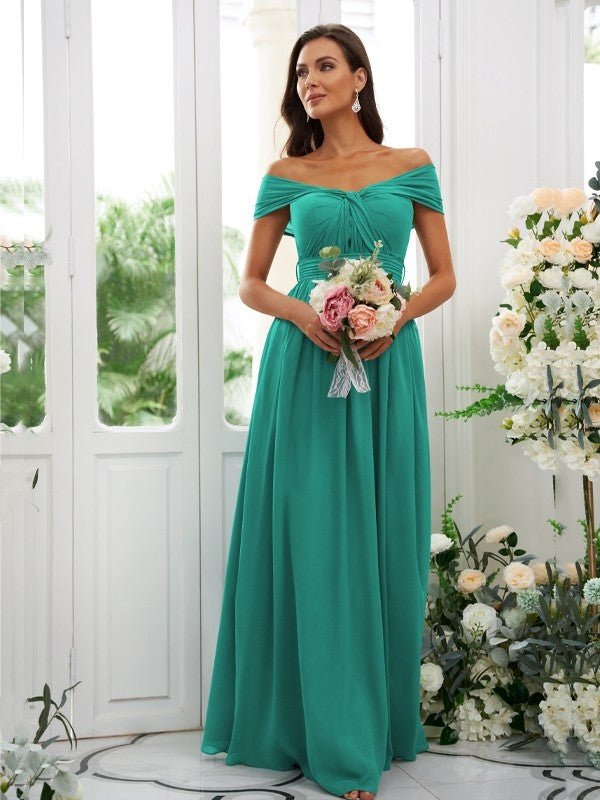 NumberSea - A - Line/Princess Chiffon Ruched Off - the - Shoulder Sleeveless Floor - Length Bridesmaid Dresses