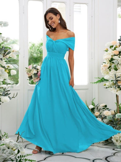 NumberSea - A - Line/Princess Chiffon Ruched Off - the - Shoulder Sleeveless Floor - Length Bridesmaid Dresses