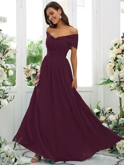 NumberSea - A - Line/Princess Chiffon Ruched Off - the - Shoulder Sleeveless Floor - Length Bridesmaid Dresses