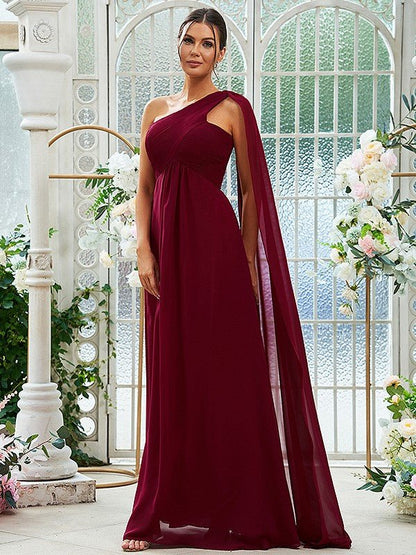 NumberSea - A - Line/Princess Chiffon Ruched One - Shoulder Sleeveless Floor - Length Bridesmaid Dresses