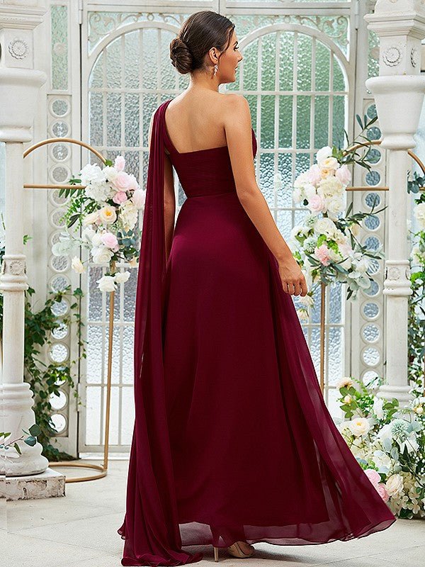 NumberSea - A - Line/Princess Chiffon Ruched One - Shoulder Sleeveless Floor - Length Bridesmaid Dresses