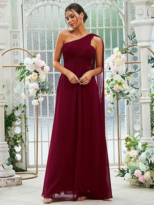 NumberSea - A - Line/Princess Chiffon Ruched One - Shoulder Sleeveless Floor - Length Bridesmaid Dresses