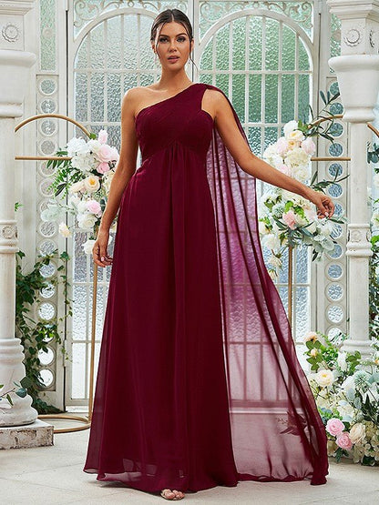 NumberSea - A - Line/Princess Chiffon Ruched One - Shoulder Sleeveless Floor - Length Bridesmaid Dresses