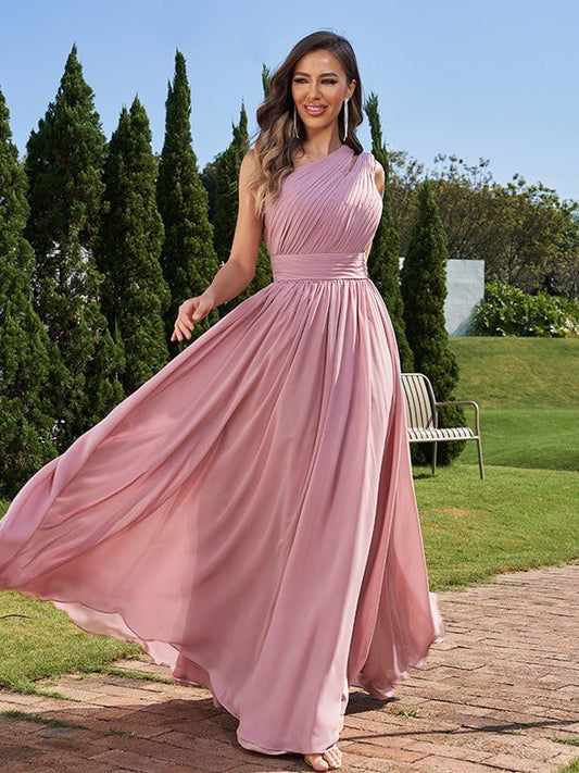 NumberSea - A - Line/Princess Chiffon Ruched One - Shoulder Sleeveless Floor - Length Bridesmaid Dresses