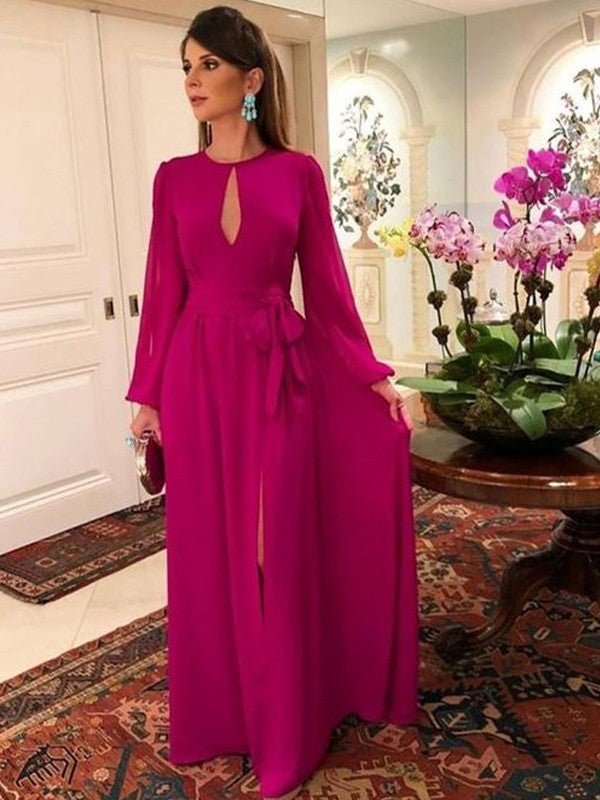 NumberSea - A - Line/Princess Chiffon Ruched Scoop Long Sleeves Floor - Length Mother of the Bride Dresses